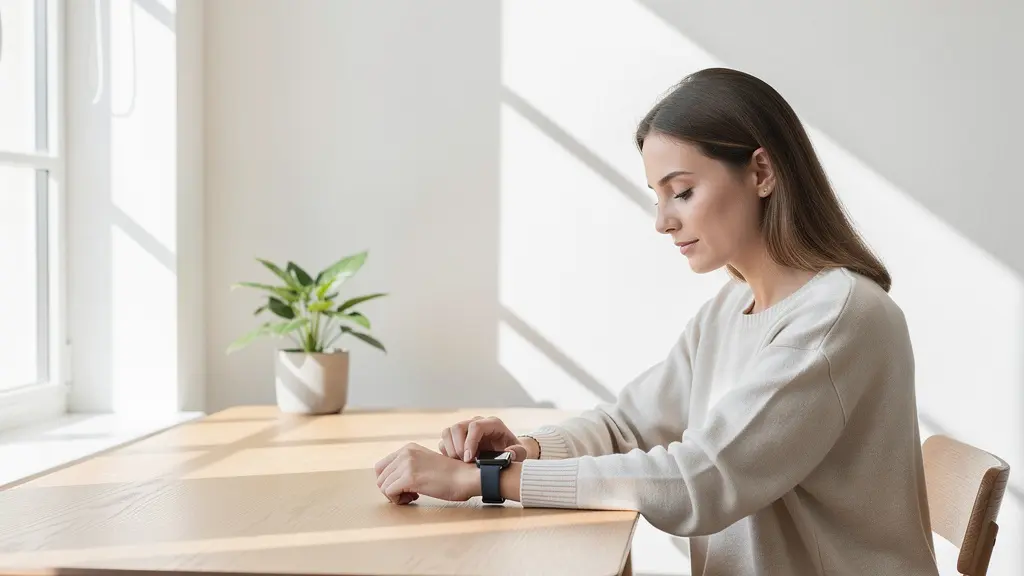 Personne effectuant une mesure ECG avec sa montre connectée dans une position calme