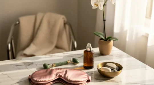 Scène minimaliste de relaxation avec produits de beauté haut de gamme disposés sur une surface de marbre