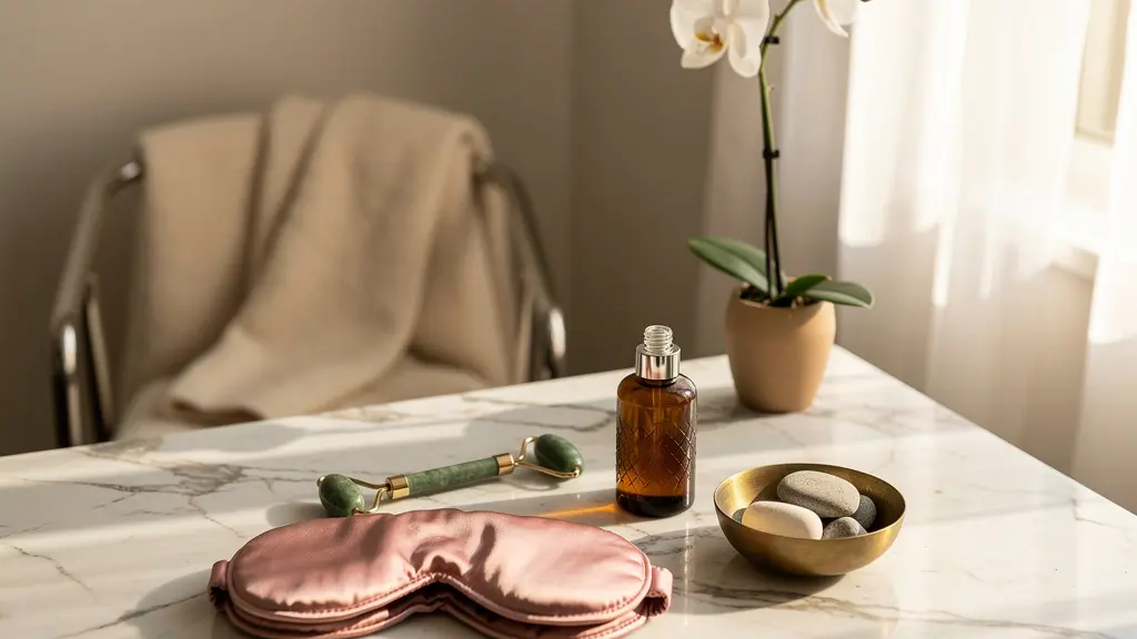 Scène minimaliste de relaxation avec produits de beauté haut de gamme disposés sur une surface de marbre