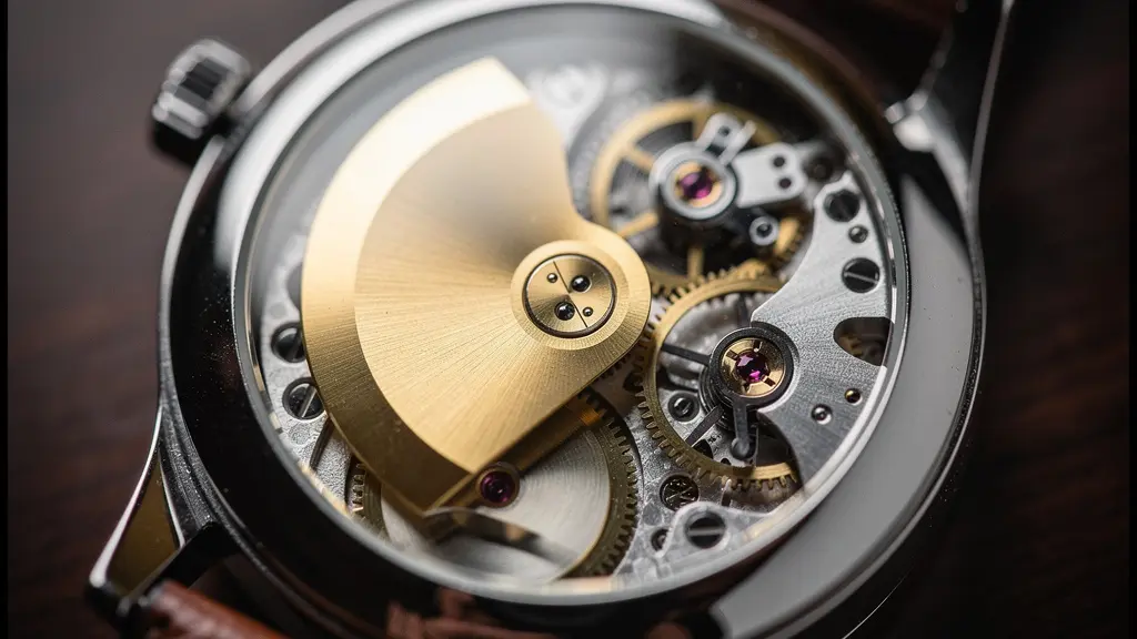 Gros plan sur une montre automatique mécanique avec mouvement visible et rotor apparent