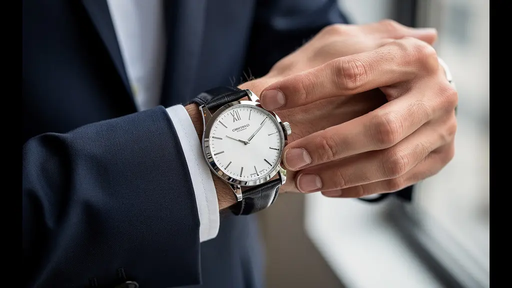 Homme en costume bleu marine ajustant une montre classique avant un entretien professionnel