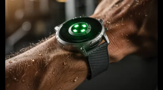 Vue macro d'une montre connectée sport sur poignet avec capteur cardiaque optique en action