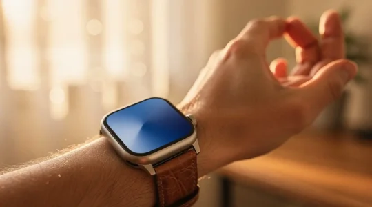 Main avec montre connectée montrant une interface calme sans notifications excessives