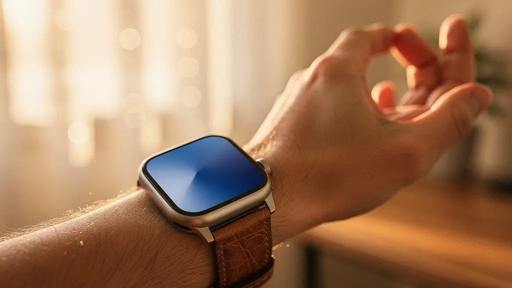 Main avec montre connectée montrant une interface calme sans notifications excessives