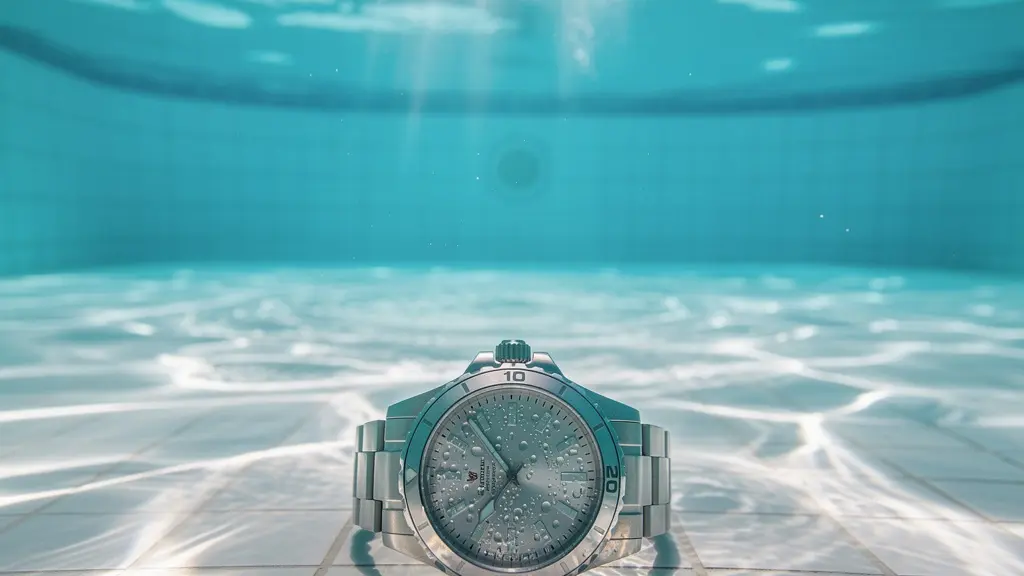 Montre de plongée immergée dans une piscine avec couronne vissée visible et lunette rotative