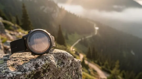 Montre GPS de sport affichée sur un rocher en montagne avec paysage forestier en arrière-plan