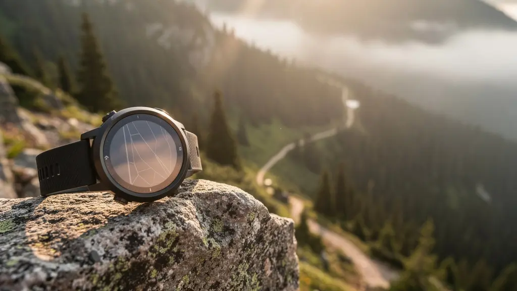 Montre GPS de sport affichée sur un rocher en montagne avec paysage forestier en arrière-plan