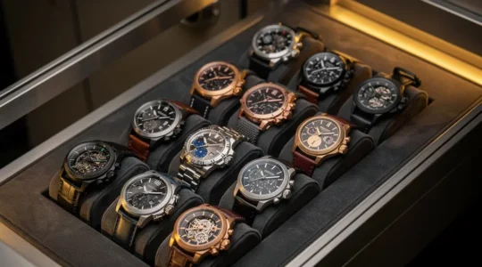 Collection de montres de luxe dans un écrin de présentation avec éclairage subtil