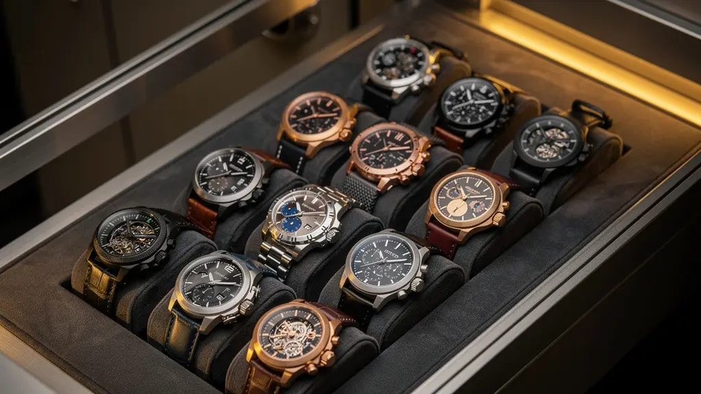 Collection de montres de luxe dans un écrin de présentation avec éclairage subtil