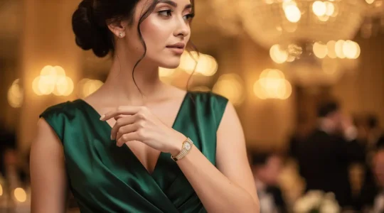 Femme élégante portant une montre manchette avec une robe de gala dans un cadre sophistiqué