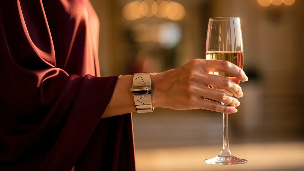 Mise en scène élégante d'une montre manchette avec une tenue de soirée