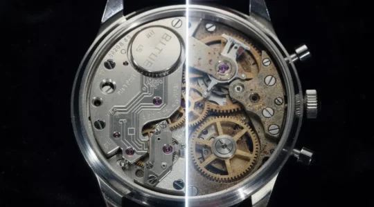 Gros plan sur mécanisme de montre à quartz avec rotor visible et pile argentée