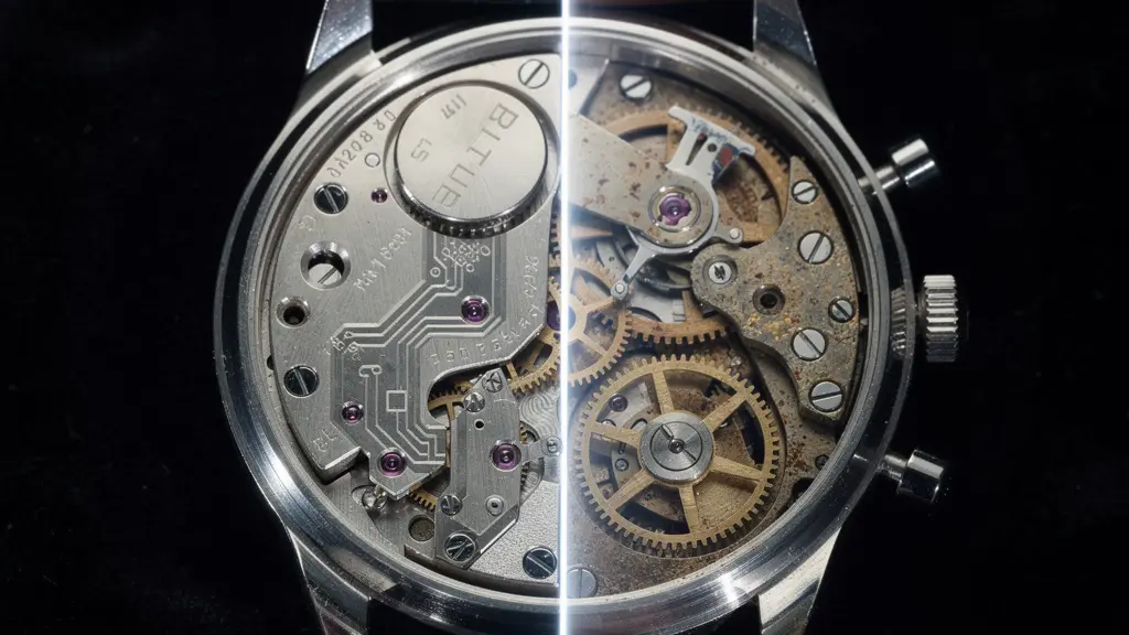 Gros plan sur mécanisme de montre à quartz avec rotor visible et pile argentée