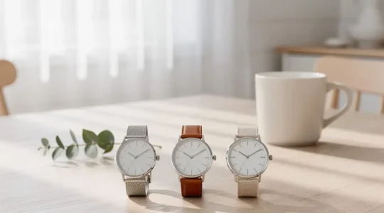Composition élégante de montres minimalistes scandinaves baignées de lumière naturelle douce