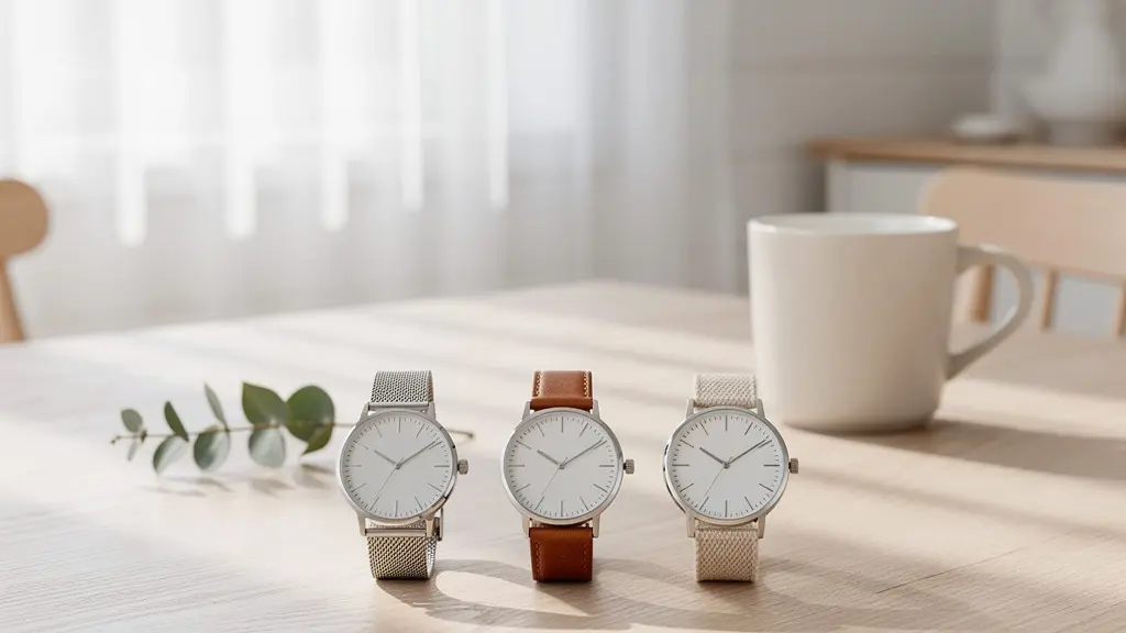 Composition élégante de montres minimalistes scandinaves baignées de lumière naturelle douce
