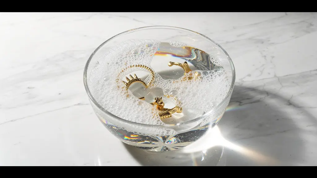 Bijoux en or plongés dans un bol d'eau savonneuse avec des bulles délicates