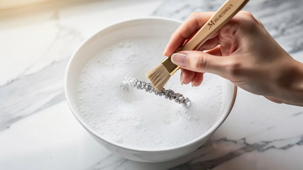 Mains expertes nettoyant délicatement un bracelet en diamants avec une brosse à poils souples