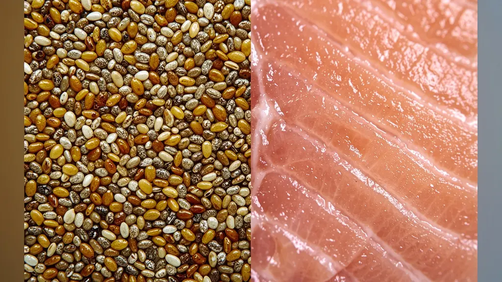 Macro photographie de graines de chia et tranches de saumon avec texture détaillée