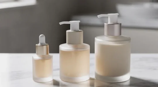 Ensemble de flacons cosmétiques disposés en séquence sur une surface de marbre blanc