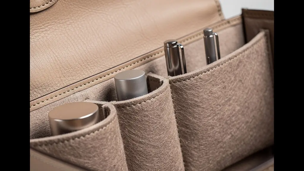 Intérieur d'un sac de luxe avec organisateur en feutrine douce protégeant le cuir des taches