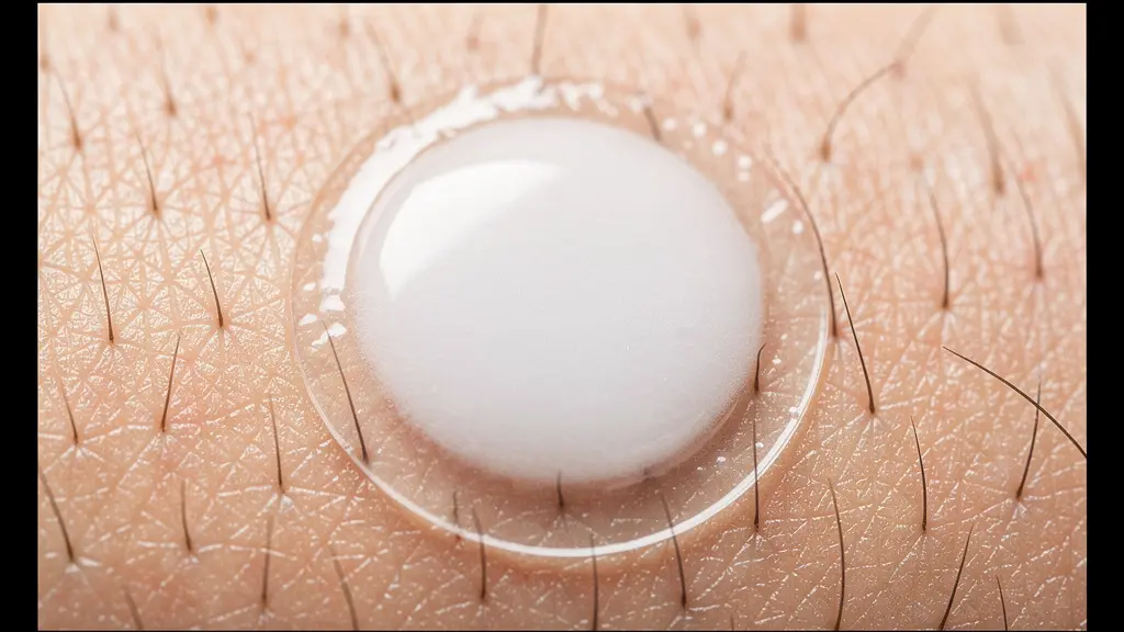 Gros plan macro sur un patch transparent appliqué sur un bouton, montrant l'absorption progressive du contenu