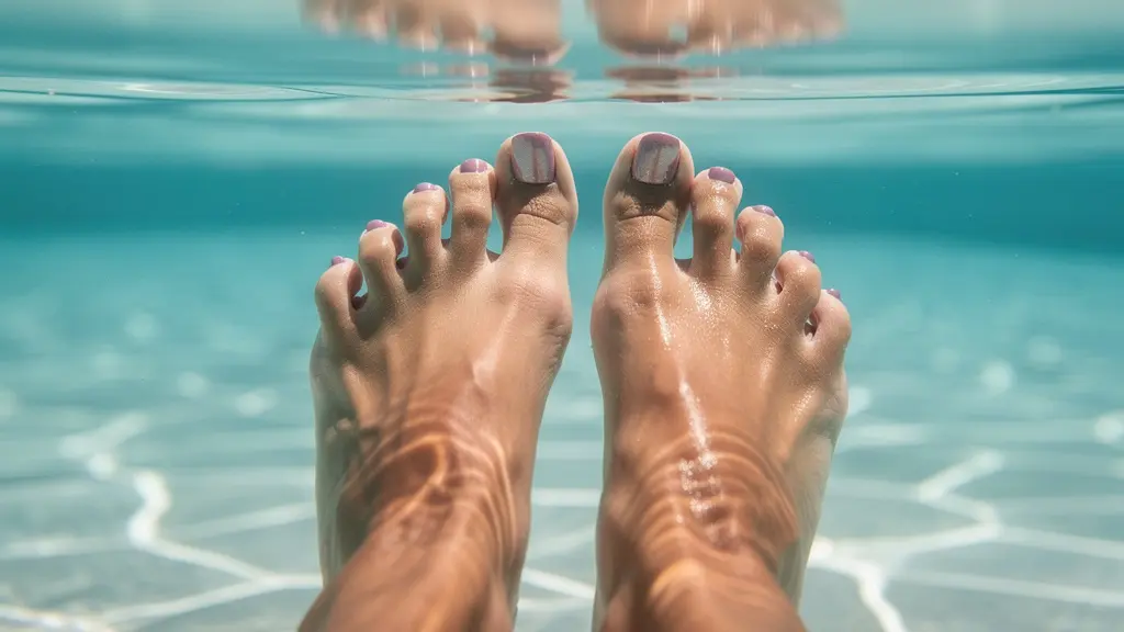 Pieds aux ongles brillants immergés dans une eau cristalline de piscine avec reflets lumineux