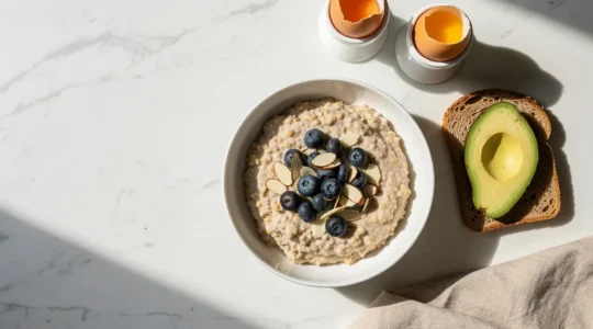 Table de petit-déjeuner avec bol de porridge aux baies, avocat tranché et œufs, éclairage naturel matinal
