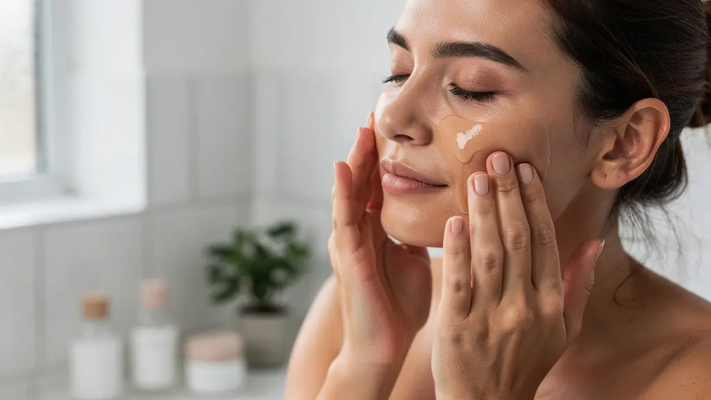 Femme appliquant délicatement une huile démaquillante sur son visage avec des gestes circulaires dans une salle de bain lumineuse