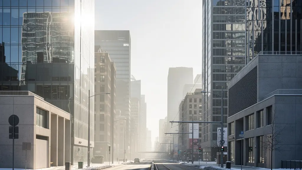 Scène urbaine hivernale montrant les rayons lumineux se reflétant sur les surfaces
