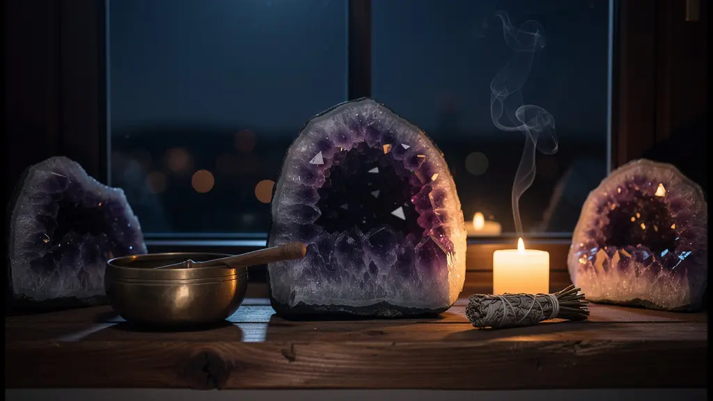 Améthyste en cours de purification par la lumière lunaire avec alternatives sensorielles