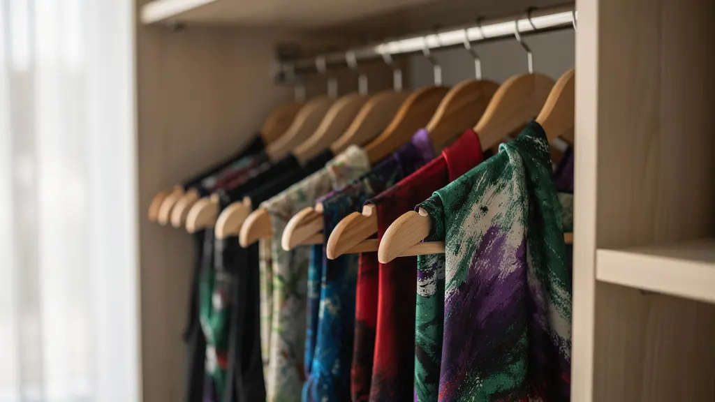Foulards de soie rangés sur cintre spécial dans penderie organisée