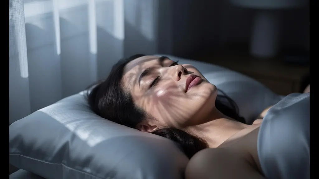 Visage paisible endormi sur oreiller de soie avec éclairage lunaire doux