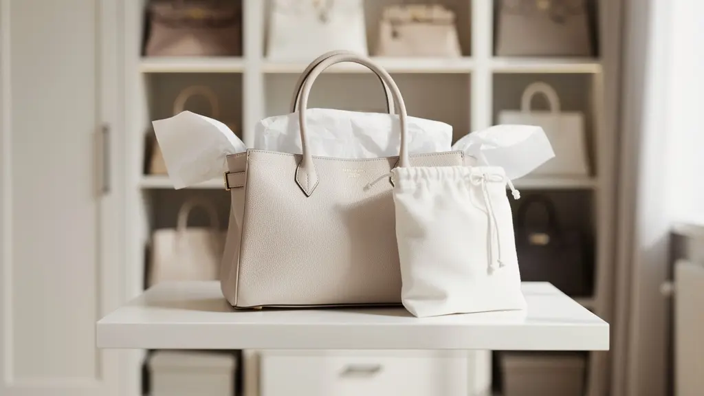 Vue minimaliste d'un sac de luxe parfaitement rembourré avec du papier sans acide dans un environnement de conservation optimal