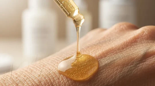 Application de sérum rétinol sur visage avec texture dorée lumineuse