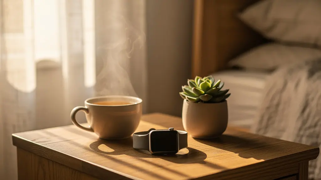Table de chevet avec montre connectée posée face cachée, tasse de thé et plante verte