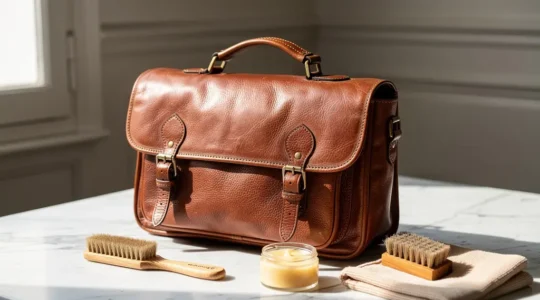 Sac en cuir patiné posé sur une surface avec des produits d'entretien raffinés