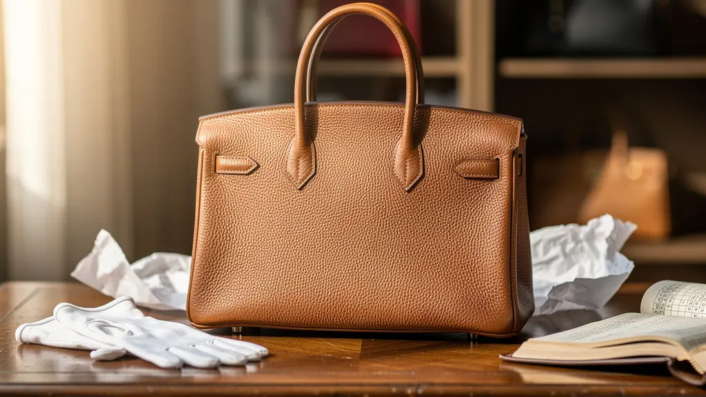 Sac de luxe en cuir soigneusement conservé dans un écrin de velours, évoquant l'investissement et la préservation de valeur