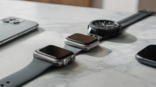 Montres connectées modernes présentées entre un iPhone et un smartphone Android dans un environnement épuré