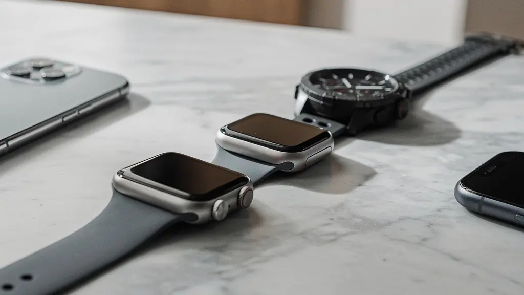 Montres connectées modernes présentées entre un iPhone et un smartphone Android dans un environnement épuré