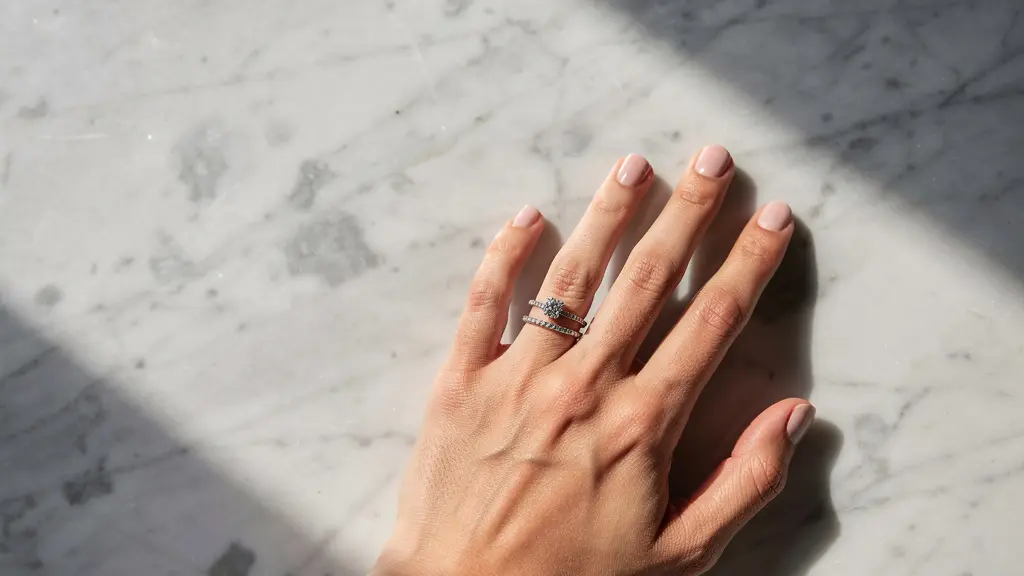 Main avec trois bagues empilées suivant la règle de la pyramide inversée