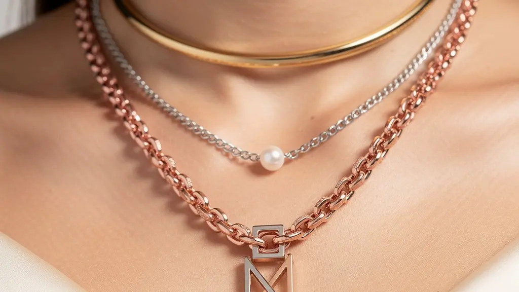 Trois colliers de longueurs et épaisseurs différentes superposés harmonieusement sur un décolleté en V