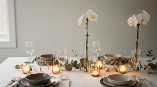 Table de fête moderne avec décoration épurée, lumière dorée des bougies et vaisselle minimaliste