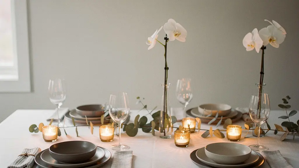 Table de fête moderne avec décoration épurée, lumière dorée des bougies et vaisselle minimaliste