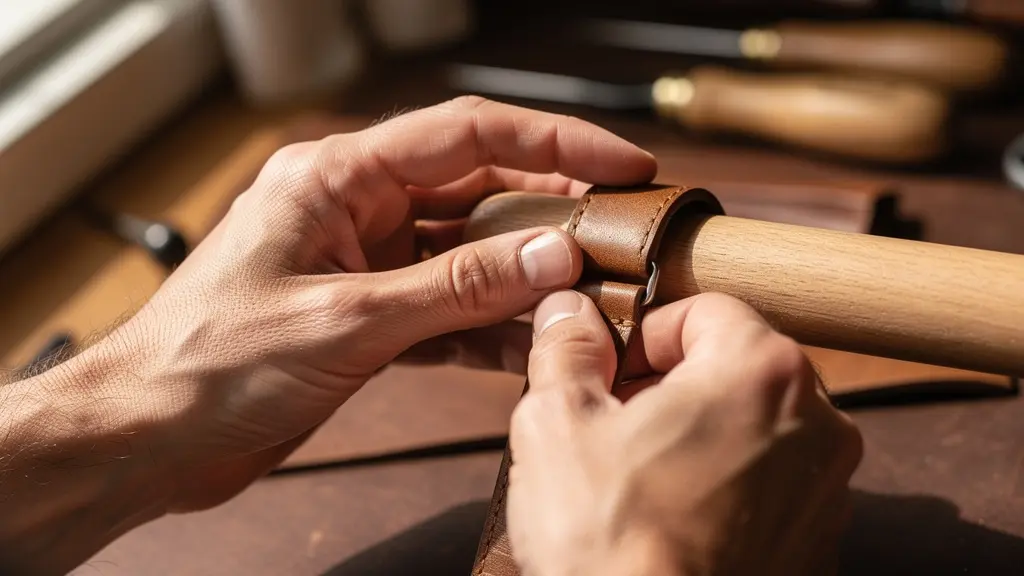 Mains d'artisan courbant délicatement un bracelet de cuir neuf autour d'un mandrin en bois