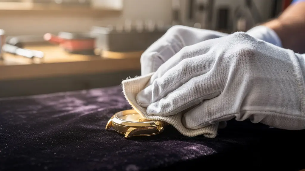 Mains expertes polissant délicatement un boîtier de montre en or avec un chiffon microfibre