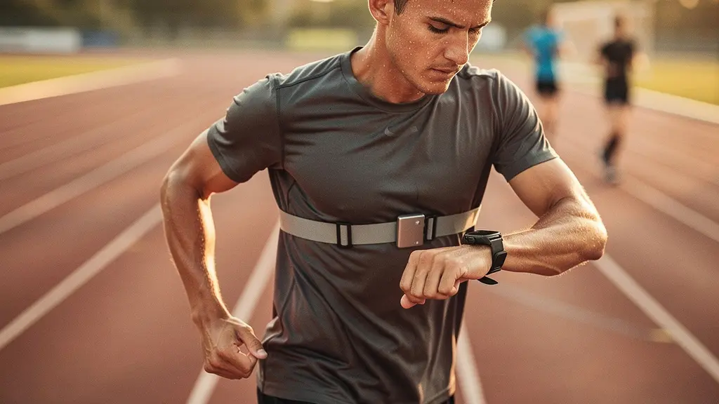 Coureur en plein test d'effort avec moniteur cardiaque visible sur la poitrine