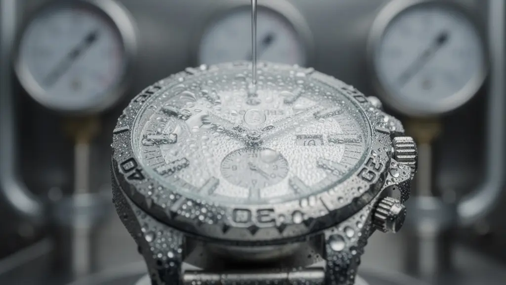 Montre dans une cuve de test d'étanchéité avec manomètre de pression