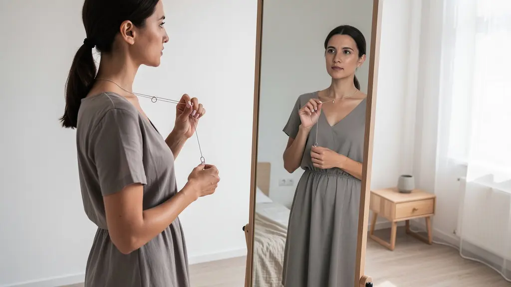 Femme testant la longueur d'un collier avec une ficelle lestée devant un miroir, vue de profil montrant le tombé naturel