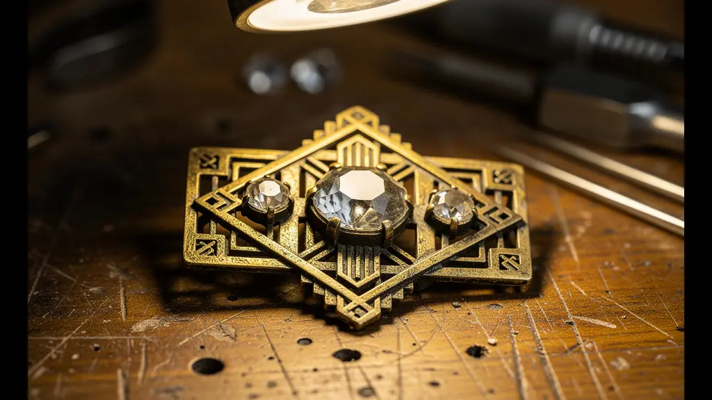 Broche ancienne Art Déco en cours de transformation sur établi de joaillier avec outils traditionnels