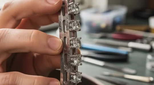 Examen minutieux d'un sertissage rail de diamants calibrés sur une alliance en or blanc